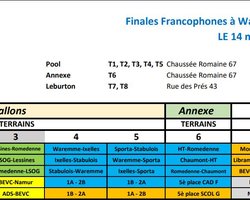 Horaires Finales francophones jeunes Waremme 14/15 mai